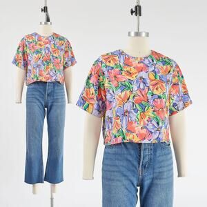 Vintage Silky Colorful Floral Print Blouse Short Sleeve Cropped Top S